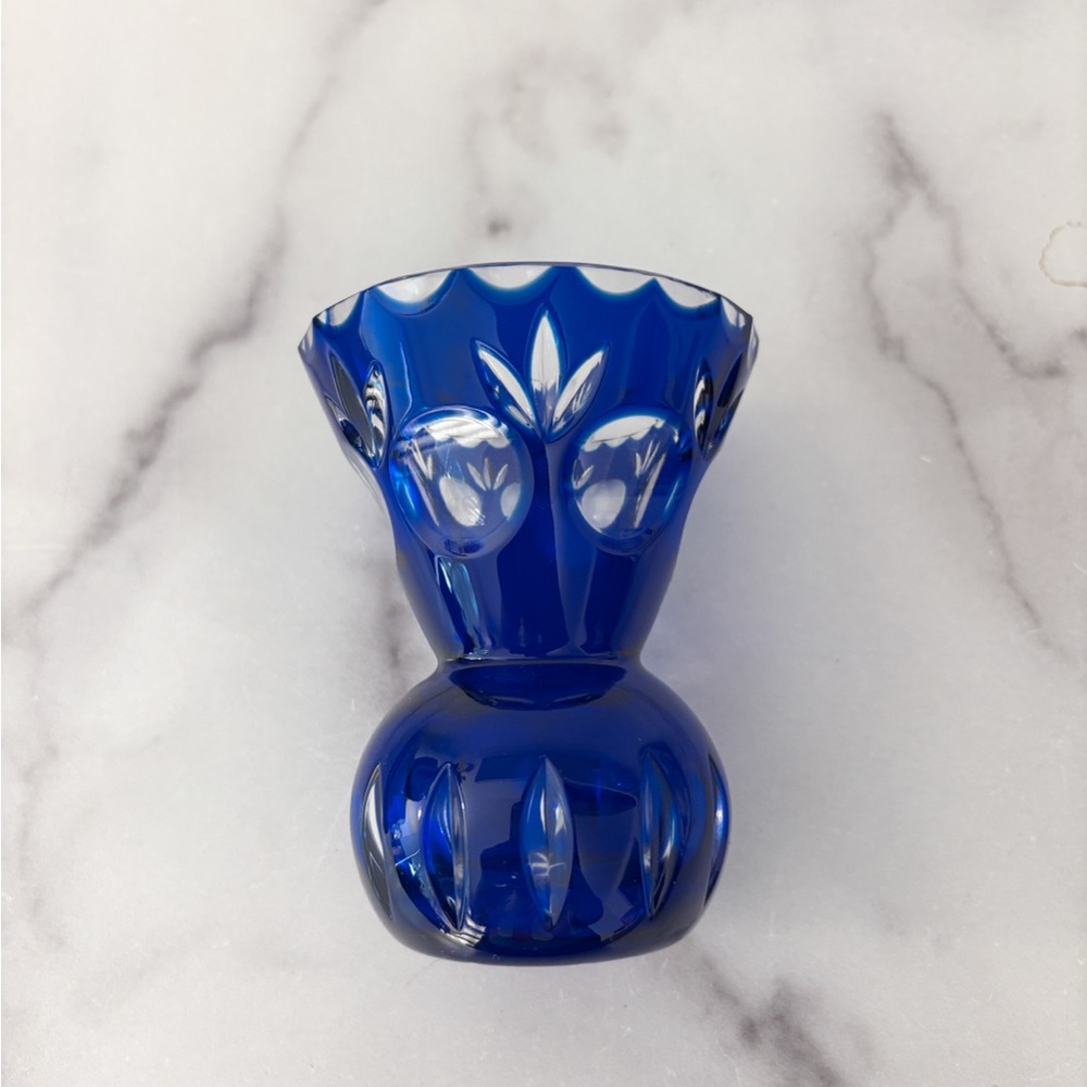 Edo Kiriko Cobalt Blue Hand Cut to Clear Crystal Vase